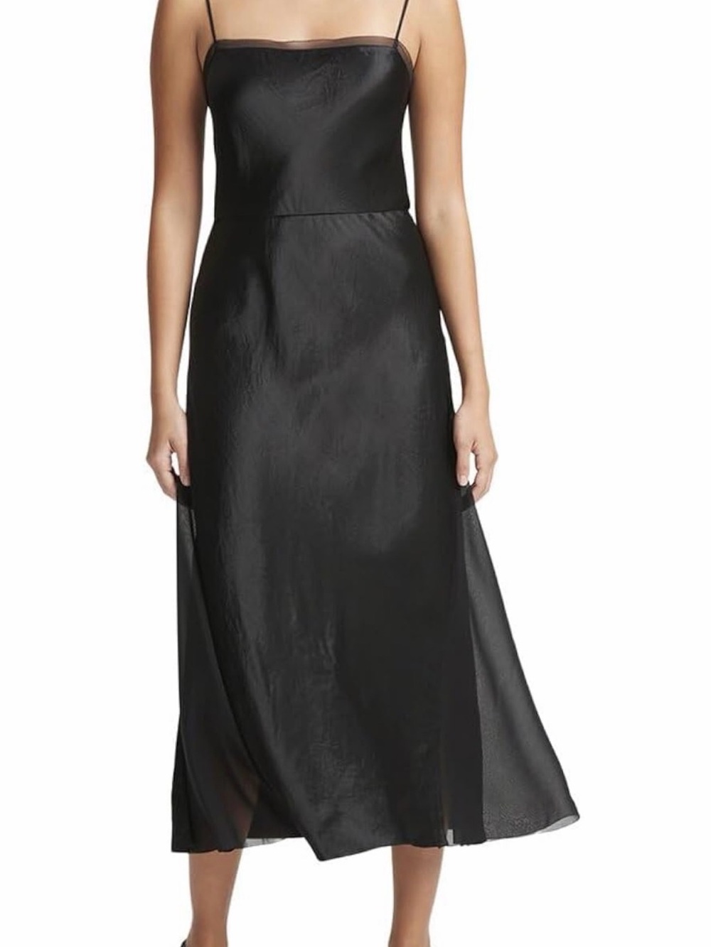 Sheer Panel Satin Slip Midi Dress in Black